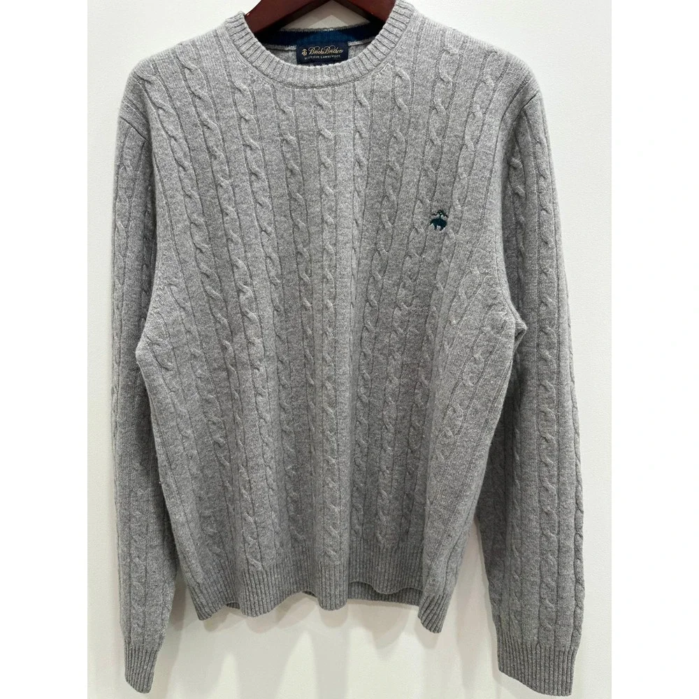 Brooks Brothers Scottish Lambswool Cable Knit Sweater Mens XL Gray Crewneck
